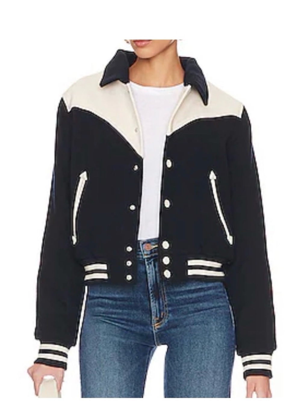 MOTHER Black and Cream Varsity Bomber Jacket navy and cream